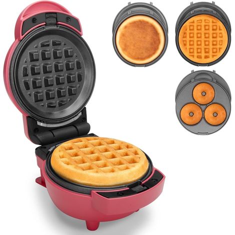 Mini piastra per waffle 3 in 1 - Con piastre rimovibili per mini pancake e ciambelle - Modello compatto antiaderente rosso - Facile da pulire e riporre - Ideale per una colazione veloce a casa (1/5)