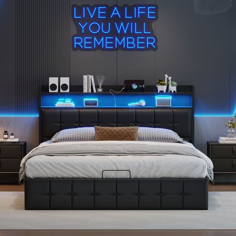 Tête de lit en cuir noir avec bande LED, barre de pression, rangement souple, chargeur européen, dimensions 160x200 cm, avec prise et éclairage intégré (1/5)