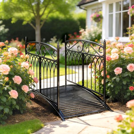 Puente de jardín de metal estilo barroco, pasarela decorativa con barandilla, 91 cm, capacidad de carga de 100 kg, negro.
