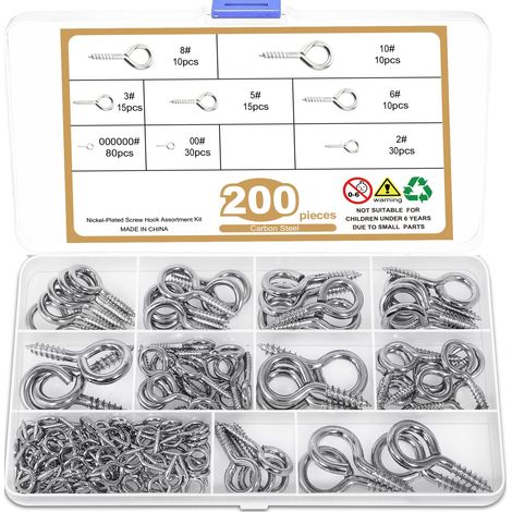 Lot de 200 vis à œillets, 8 tailles, filetage à bois, argentées, pour fixation de jardin et plantes grimpantes (1/5)