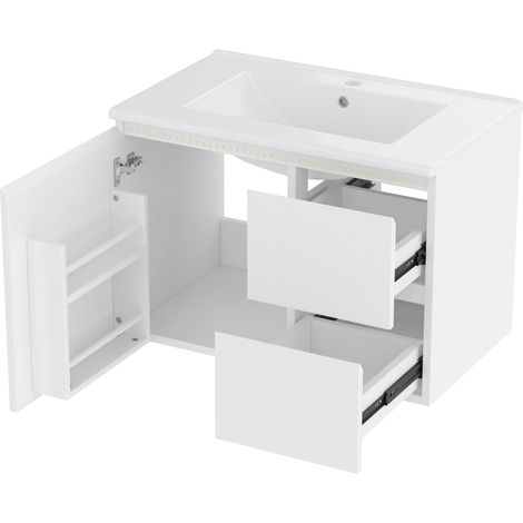 Meuble de salle de bain suspendu blanc 76x46x50 cm avec vasque céramique, LED, 2 tiroirs et porte de rangement (1/5)