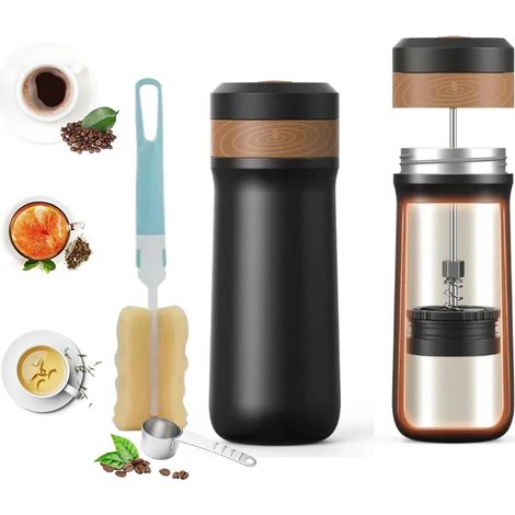 Cafetière à piston en acier inoxydable avec système de presse française, portable, bouteille d'eau en acier inoxydable (1/5)