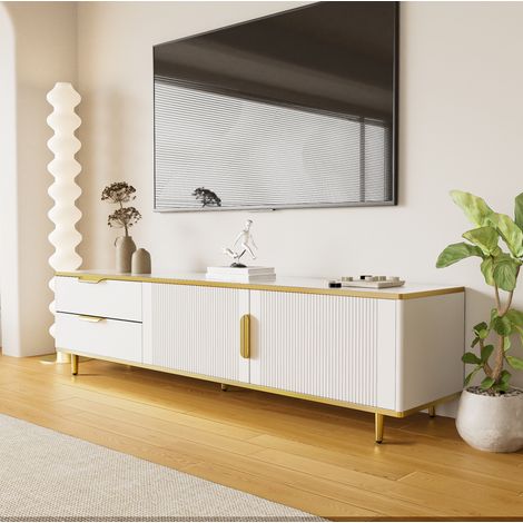 Mueble TV con almacenaje, 2 cajones y 2 puertas, 170 x 37 x 45 cm, blanco y dorado DESVIAE (1/5)