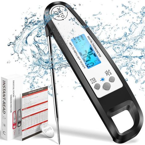 Thermometre Cuisine à Lecture Rapide 2S,Thermomètre Cuisine en ABS et Acier Inoxydable,Thermometre Digital étanche IP66 & Pliable avec Sonde Longue et LCD Ecran pour Nouriture,Viande,BBQ (Noir)