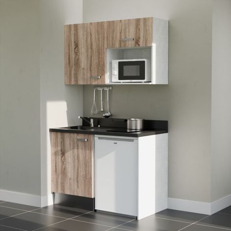 Kitchenette K07L - 120 cm - plan monobloc évier intégré Nero- évier à gauche - Façades Bois + Electroménager inclus coloris Blanc
