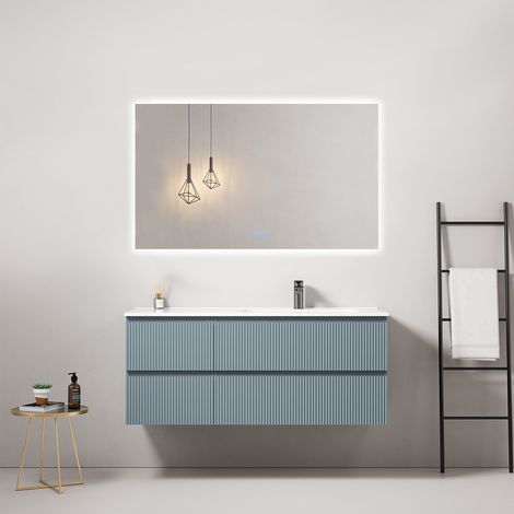 Mobile bagno sospeso cannettato 120 cm Blu Avio Lavabo a Destra in Ceramica Specchio Quadro Retroilluminato - Fiji Paint (1/4)