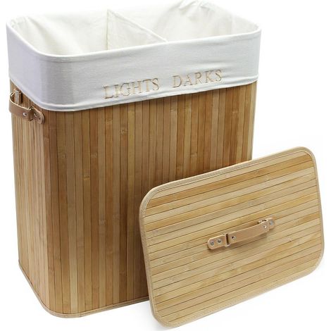 Cesto para la ropa sucia de bambú 105 litros con bolsa plegable de lino natural 160002445