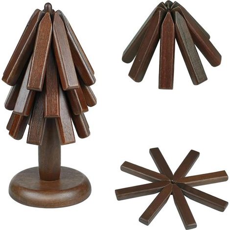 Sottobicchieri in legno a forma di albero per cibi caldi, teiera pieghevole, pentole e padelle Kom con motivo ad albero. (1/5)