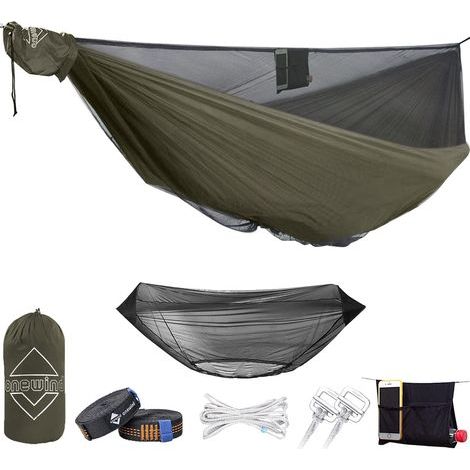Hamac de Camping de 366 cm avec moustiquaire, hamac Double ultraléger en Nylon Ripstop avec Sangles d'arbre, hamac Portable Chargeable de 250 kg pour Le Camping en Plein air, Vert OD (1/5)