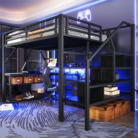 Lit mezzanine 140x200cm avec bureau, rangements et escalier de rangement, led et port usb, garde-corps de sécurité, gain de place multifonction, noir (1/4)