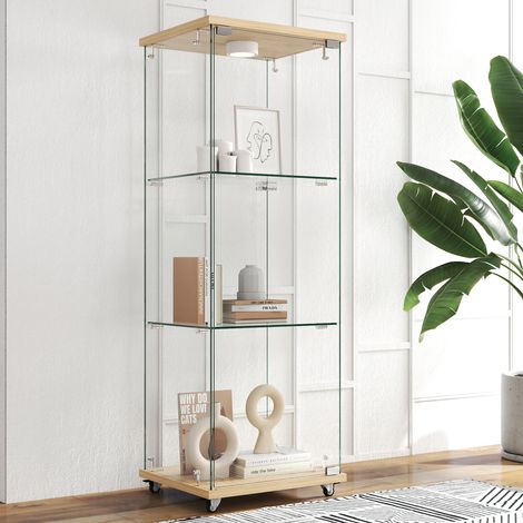 Vitrina de cristal LED de tres niveles con 1 puerta, 120 x42,5x36,5 cm de profundidad, MDF con efecto madera natural (1/5)