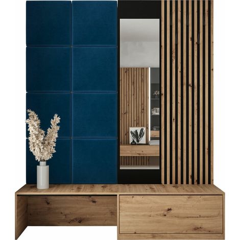 Mobilier1 – Meuble d'entrée Hartford 322 – Chêne artisan et tissu Manila 26 – Dimensions 205x172x42cm – À poser au sol