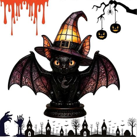 Lampe de table chapeau de sorcière chat noir en vitrail pour Halloween, veilleuse gothique artisanale à lumière chaude, lampe décorative saisonnière pour chambre à coucher (15 cm) (1/5)