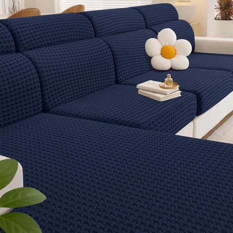 Elastischer Sofa Sitzkissenbezug für L-Form Sofas, 3 Sitzer + Chaiselongue, Tiefblau (1/5)