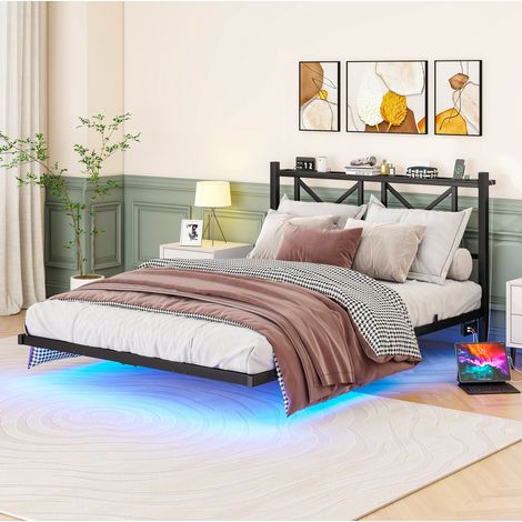 MEUBLIV Bett 140x200 cm Schwarz – LED, Kopfteil mit Ladegerät, ohne Matratze (1/5)