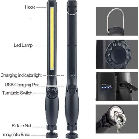 Lampe travail LED rechargeable avec aimant USB rotation 360°, inspection atelier ménage camping rando noir (1/4)