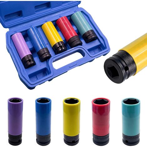 Lot de 5 écrous de visseuse à percussion 1/2" 15 mm, 17 mm, 19 mm, 21 mm, 22 mm, insert de force, clé à écrou de roue, protection de jante, kit de réparation pour couple (1/5)