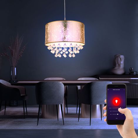 Lampada a sospensione in tessuto, oro, cristalli, lampada a sospensione, sala da pranzo, soggiorno, pendolo, aspetto foglia oro, controllo tramite app CCT, 1x Smart RGB LED 10W 806Lm, DxH 40x140 cm (1/5)