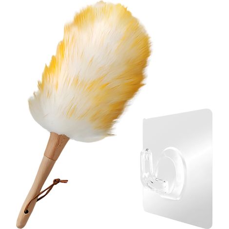 1 Petit Plumeau à Poussière en Laine Douce Poignée en Bois avec Corde de Suspension Lavable Multi-Usages pour Meubles, Intérieur de Voiture et Bureau (1/5)
