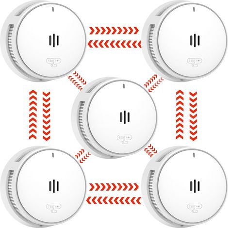 Détecteur de fumée interconnectés, Batterie de 10 Ans, détecteurs d'incendie pour la Maison interconnectés, détecteur de fumée télécommandé, Conforme à la Norme EN14604 (5pack interconnecté) (1/5)