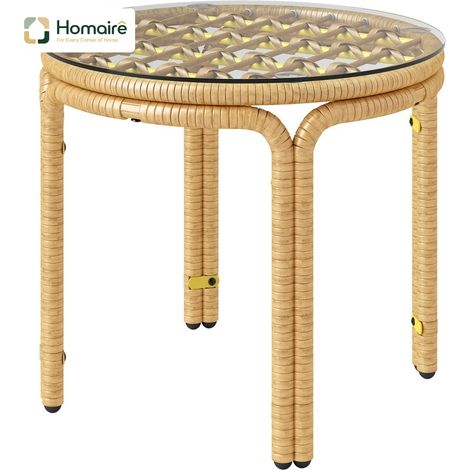 HOMAIRE Table d'appoint en polyrattan rond avec plateau en verre pour intérieur et extérieur