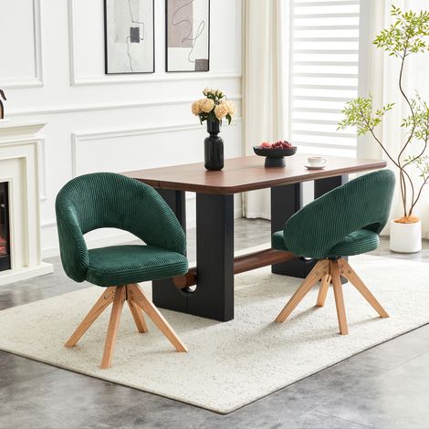 Ensemble de 2 fauteuils pivotants rétro en velours vert foncé, pieds bois massif, rotation 360° silencieuse, dossier enveloppant – salon & salle à manger (1/4)