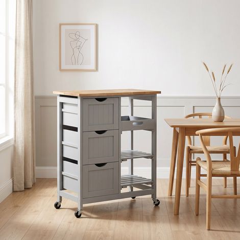 Chariot desserte de cuisine à roulettes plan de travail en bois 3 tiroirs et 1 plateau amovible 67 x 37 x 85,5 cm gris (1/5)