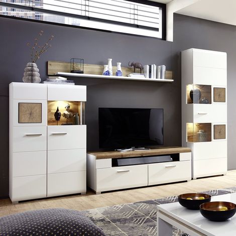Wohnwand weiß Eiche Absetzungen FARO-36 modern mit Glasdetails und LED Beleuchtung, B/H/T: ca. 315/205/47 cm (1/5)