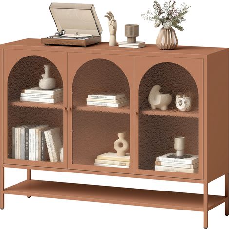 Rostfarbenes Sideboard fürs Wohnzimmer, 140 x 40 x 105 cm, Aufbewahrungsmöbel mit 3 gebogenen Glastüren und einem offenen Fach.