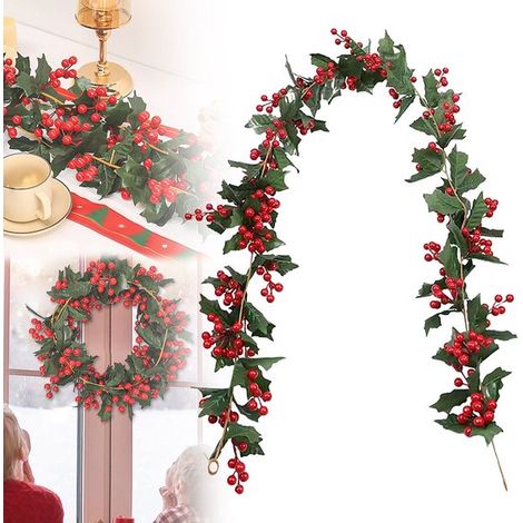 Couronne de Noël aux baies rouges 1,7 m, guirlande flexible de baies artificielles, pour cheminée, intérieur et extérieur, décoration de Noël et hiver (1/5)