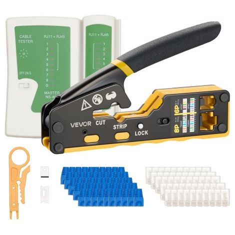 Herramienta de Crimpado, Crimpadora RJ45 RJ11 RJ12 para Cable de Red Ethernet, con Pelacables, 50 Piezas de Conectores y 50 Piezas de Cubiertas Protectoras, Comprobador y Cuchillas de Repuesto