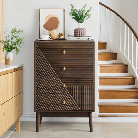 Cassettiera in legno color noce con 4 cassetti, 60 x 40 x 90 cm, stile moderno Mid-Century (1/5)