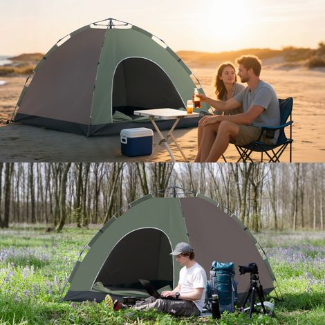 Tente camping escamotable 4 places - poches rangement - sac transport - crochets lampe - protection UV - 210×210×135cm