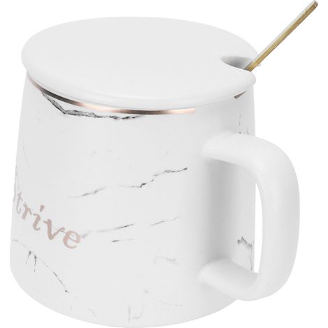 Tasse en céramique blanc motif marbre, mug original avec cuillère et couvercle, idéal maison voyage bureau extérieur. (1/5)