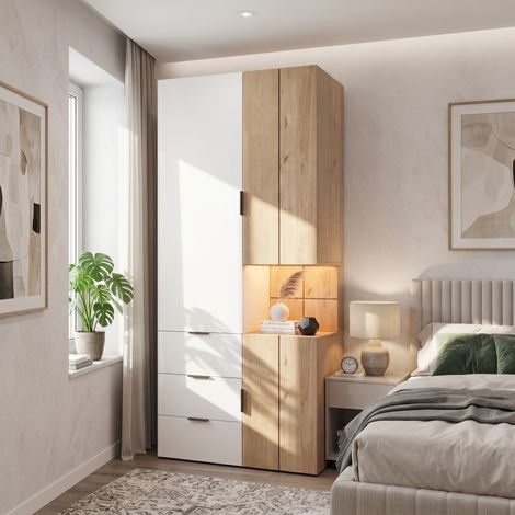 Armoire 200 cm avec LED intégrée, tiroir à bijoux, 2 tringles à vêtements et 4 tiroirs, meuble de rangement moderne en MDF, Blanc et effet chêne (1/5)