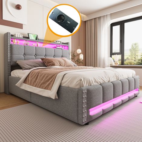 Letto Matrimoniale 160x200 cm con Testiera e Sollevamento Idraulico, LED, USB, Tessuto Lino, Grigio Chiaro(Senza Materasso) (1/5)