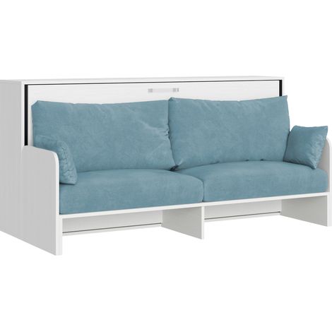Lit Simple Escamotable Kando Avec Canapé En Frêne Blanc, Bleu Clair (1/5)