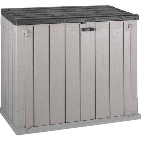 Toomax Stora Way Baule da 842L portattrezzi 129,5x74,5x111h cm effetto legno in plastica resistente, grigio talpa/antracite, porta bidoni spazzatura, con chiusura a chiavistello, ideale per il giardin