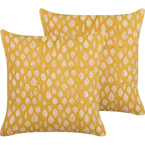 Conjunto de 2 cojines de algodón amarillo mostaza 45 x 45 cm hoja borlas Ginnala