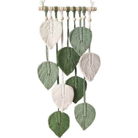 20 60cm Macrame Mural Tenture Murale Deco Murale Boheme Tapisserie en Macramé avec Franges, Vert et Beige, à La Main Pompons, Décoration Artisanale, Chambre à Coucher, Salon, Appartement (1/5)