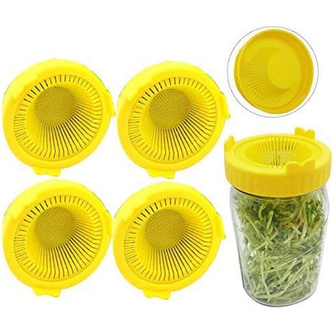 4 couvercles pour germination, lot de pots de germination en plastique, couvercles pour pots de maçon à large ouverture, pour pousses de taugé, de luzerne et de sauge (jaune) (1/5)