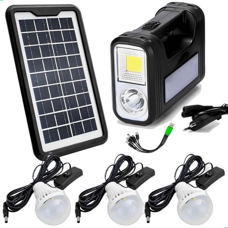 Solar-Campinglampe, 6V 3,5W Panel, 6V 4500mAh Akku, 3 Glühbirnen, USB, Ladegerät (Multifunktion)
