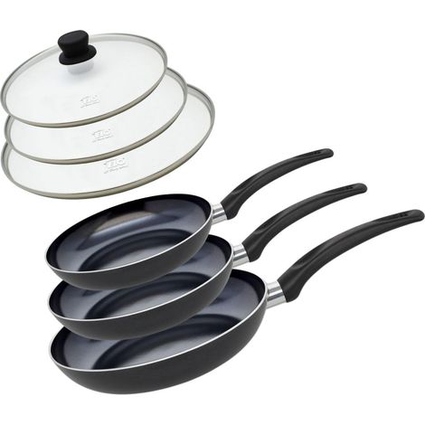 Set 3 poêles aluminium 20/24/28 cm avec couvercles verre (1/5)