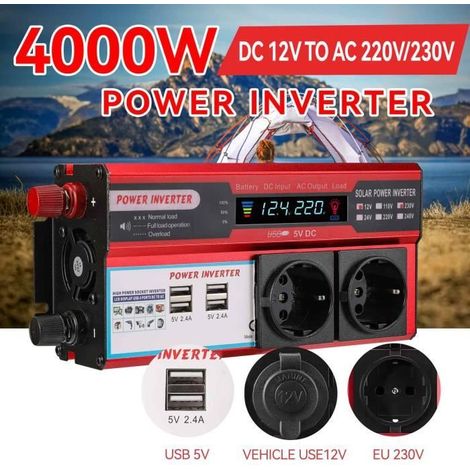 Onduleur de voiture 4000W, DC 12V à AC 220V 230V, Convertisseur Onduleur De Courant Pur Sinus, 4 USB, Affichage LCD, Transformateur (1/4)