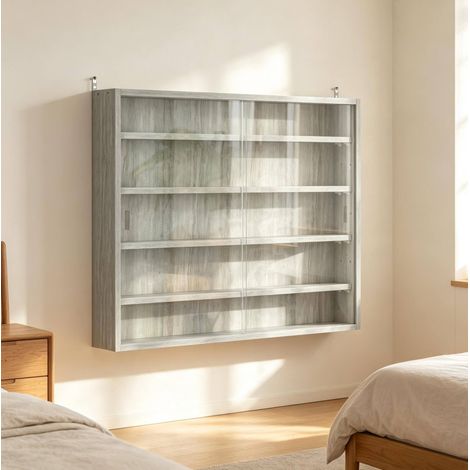 Vitrina mural de vidrio gris 80 x 9,5 x 60 cm con 4 estantes regulables OKMYHOME (1/5)