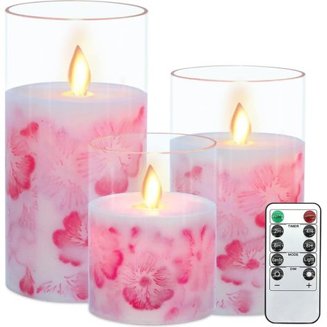 Lot de 3 bougies LED en verre vacillant, avec télécommande et minuterie, à intensité variable, fonctionnement à piles, pour Noël, mariage, maison (fleurs de cerisier) [Classe énergétique A] (1/5)