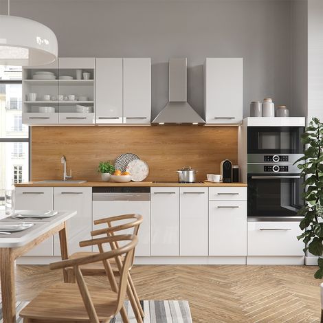 Küchenzeile Fame-Line, Weiß Hochglanz/Weiß, 300 cm mit Hochschrank, AP Anthrazit, Vicco