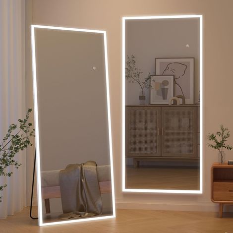 Cassilando – Miroir sur pied 165 x 60 cm avec lumières LED – Éclairage réglable – Cadre en aluminium – Verre haute définition – Support antidérapant (1/5)