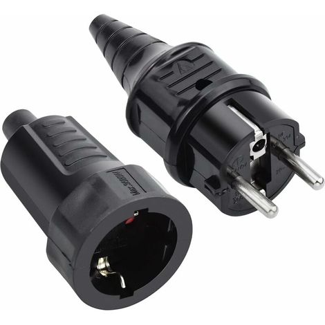 Kit Fiche Mâle & Prise Fem en Caoutchouc, 250V 16A, IP44, Noir (1/5)