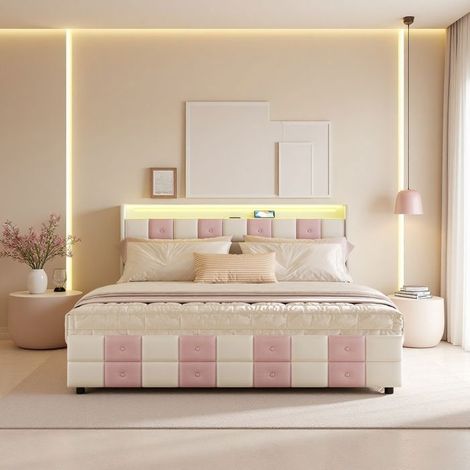 Cama doble 160x200 cm - Terciopelo Rosa - 4 cajones - LED y USB - Cabecera incluida